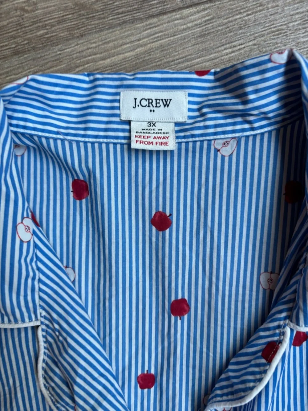 J. Crew Blue Stripe Short Pajama Top with Red Apple Print 3X Cotton